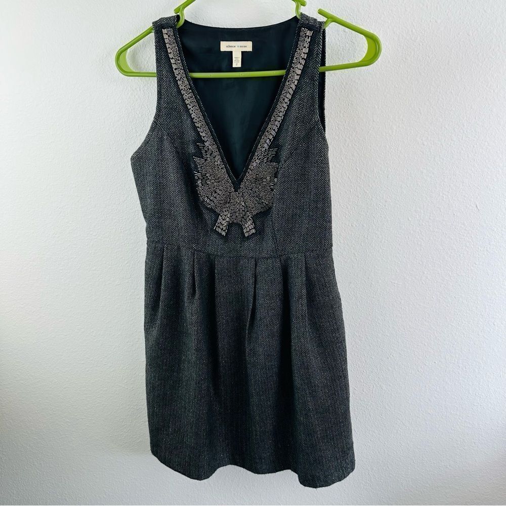 Silence + Noise Gray Black herringbone V Neck Dress Beaded Sz 2 Small
